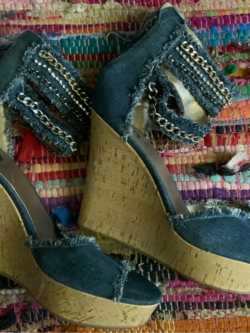 G by Guess Denim Wedge Sandals with Chain Trim - Blue